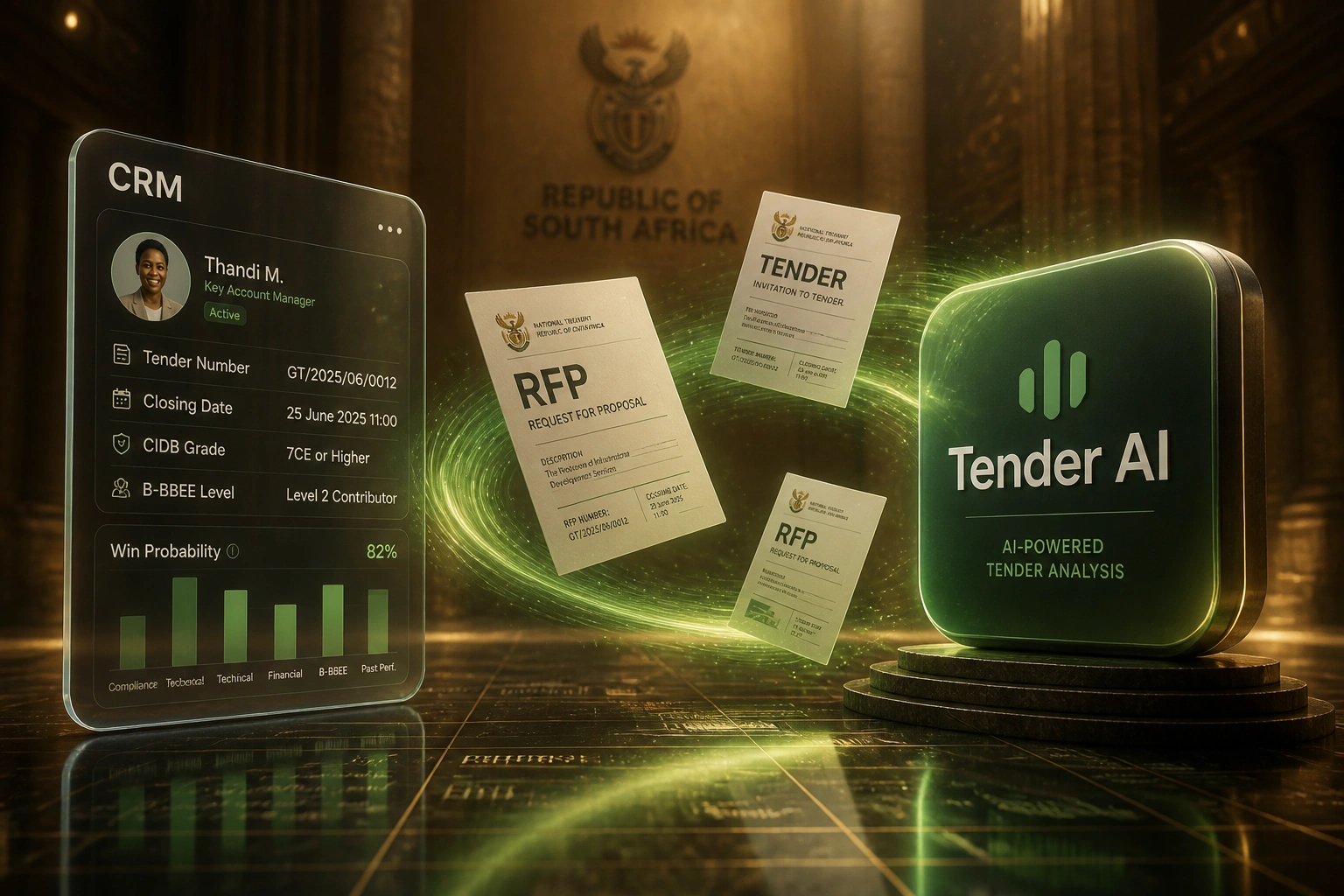 A glass CRM panel showing SA tender fields connected by a green ribbon of RFP documents to a glossy Tender AI badge in a warm sandstone archive