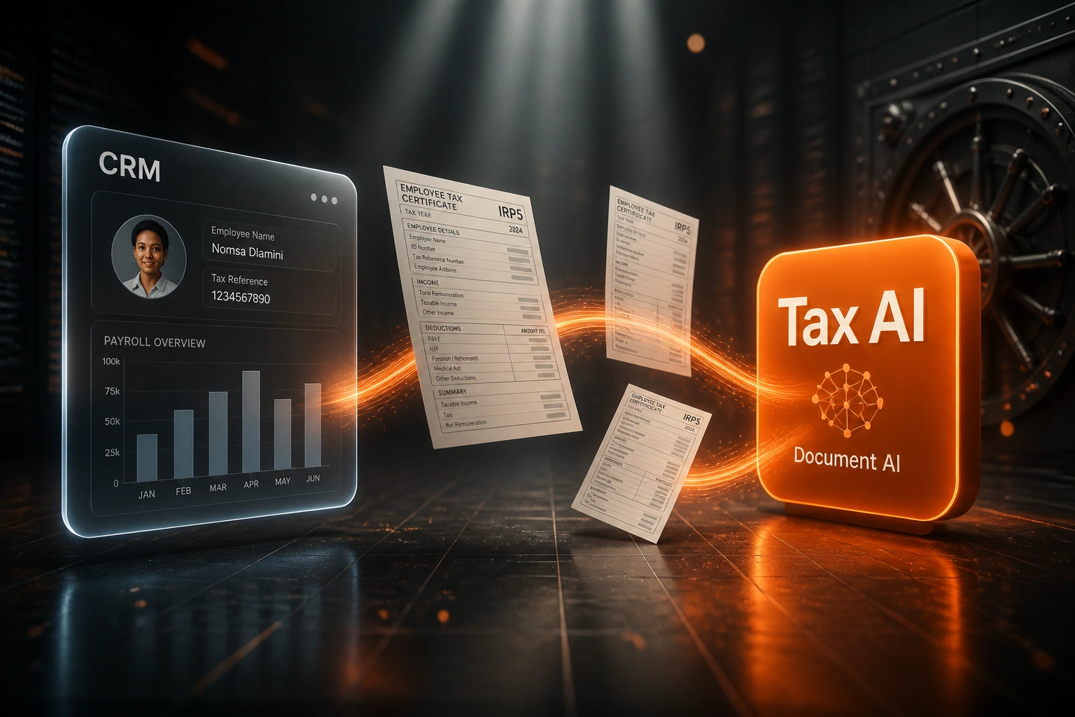 A glass CRM payroll panel and a Tax AI badge connected by an orange ribbon of IRP5 tax certificates, illustrating automated SARS document data extraction