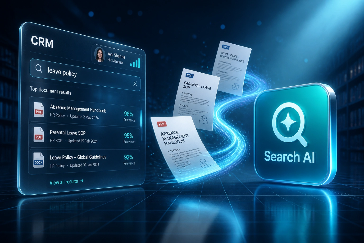 A glass CRM panel showing leave policy search hits connected by a cyan ribbon of documents to a Search AI badge in a cool indigo library void