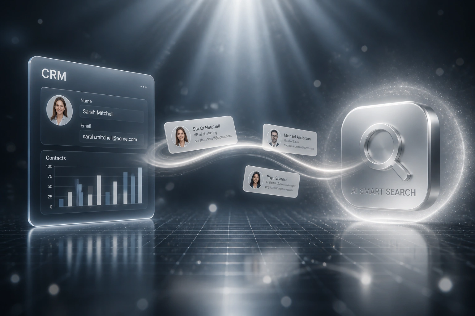 A glass CRM panel and a silver AI smart-search badge connected by floating contact result cards on a steel-blue fog backdrop