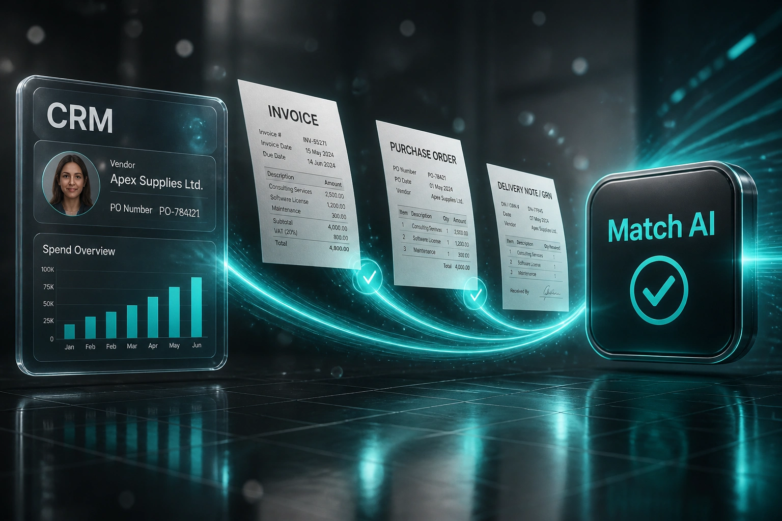 A glass CRM panel and a Match AI badge connected by a teal ribbon carrying an invoice, purchase order, and delivery note, illustrating automated three-way matching