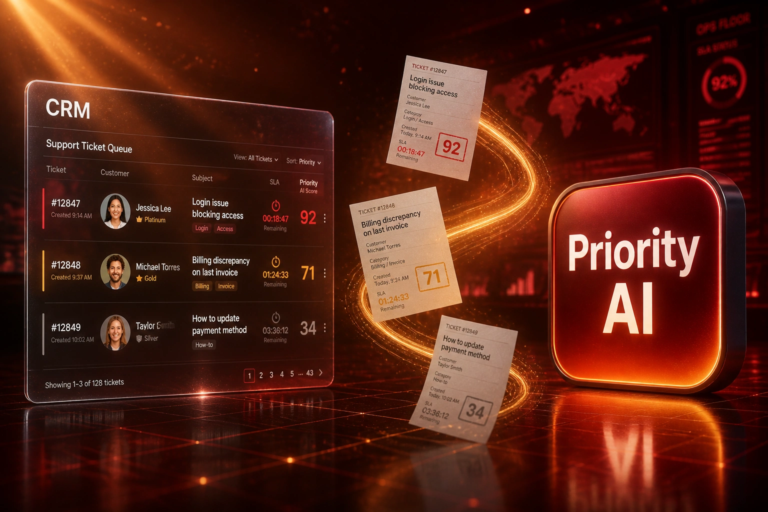 A glass CRM helpdesk panel and Priority AI badge connected by scored tickets on an amber ribbon of light, illustrating AI support ticket prioritisation