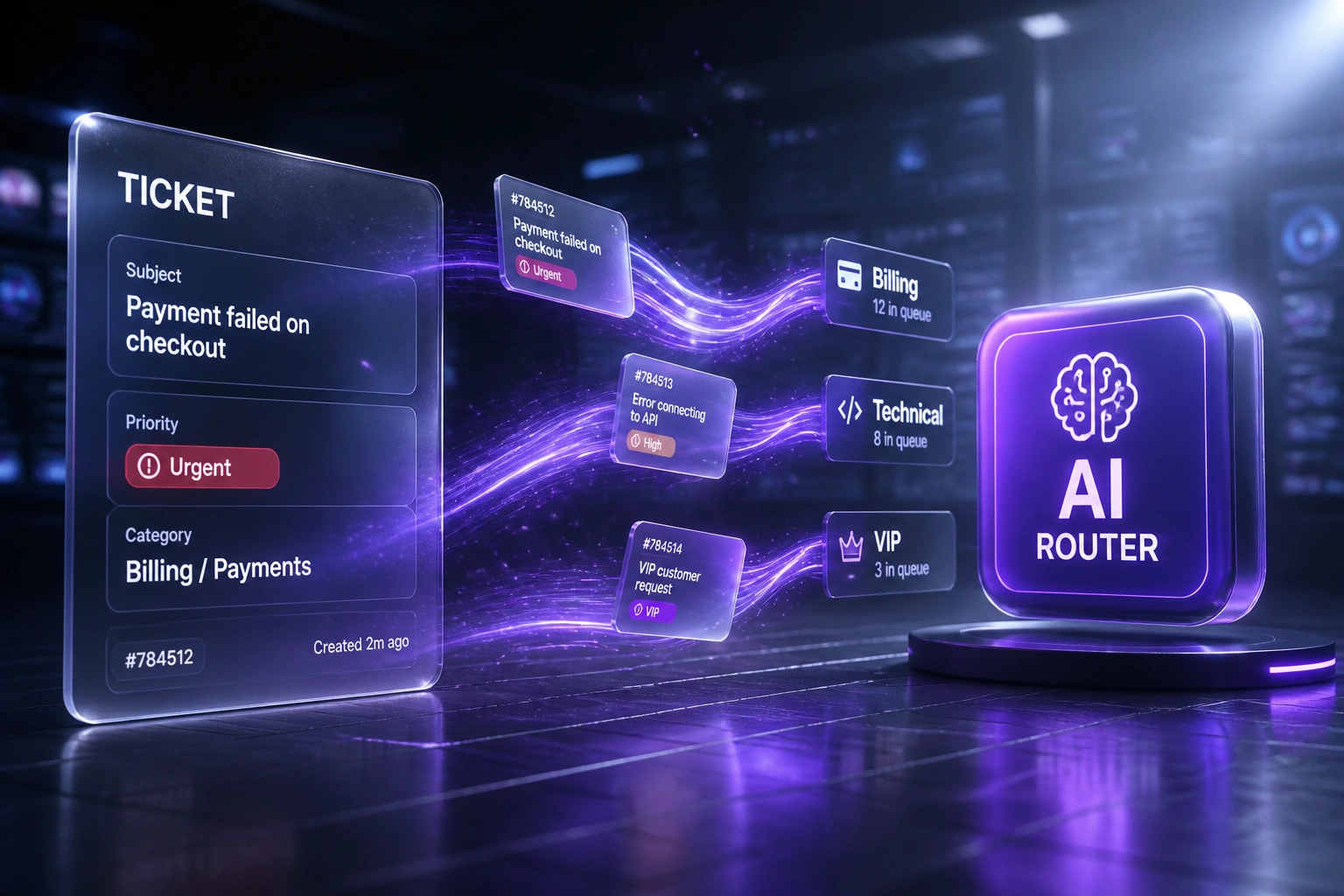 A glass TICKET panel and electric-violet AI routing badge connected by ticket cards on a ribbon of light, illustrating intelligent support triage