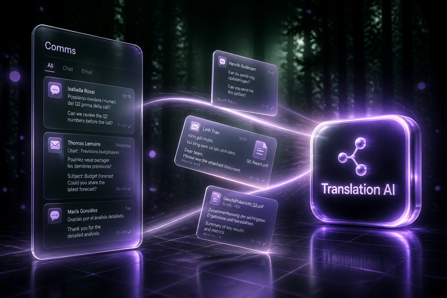A glass Comms panel and a violet Translation AI badge linked by bilingual message cards on a ribbon of light over a midnight forest green floor