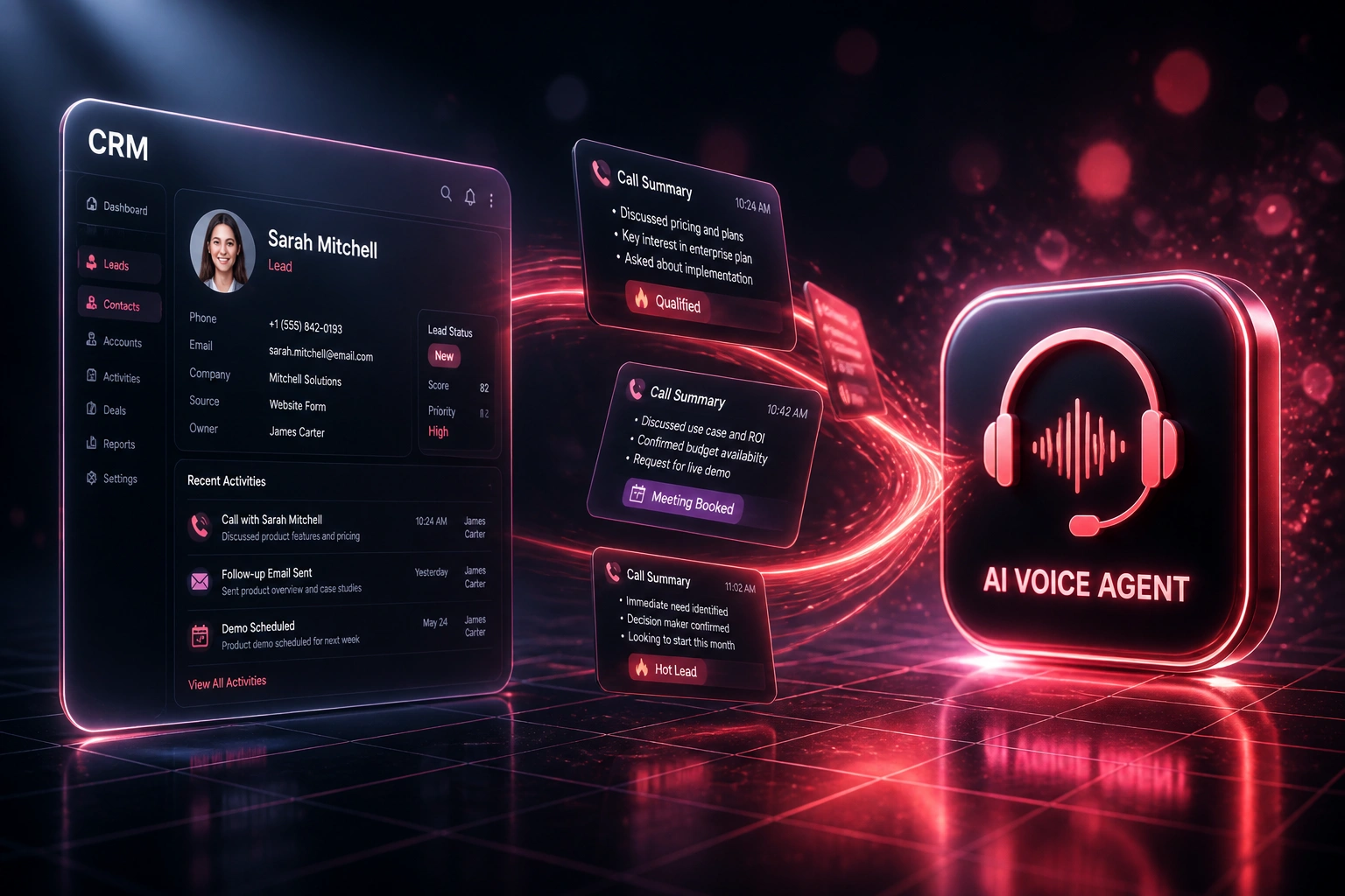 A glass CRM panel and coral-magenta AI voice agent badge connected by call-summary cards on a ribbon of light, illustrating automated inbound call qualification