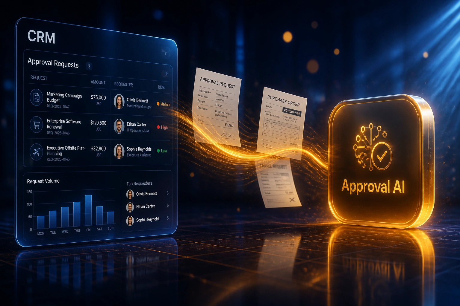 A glass CRM panel of approval requests connected by an amber ribbon of purchase orders to a glossy Approval AI badge in a deep indigo boardroom