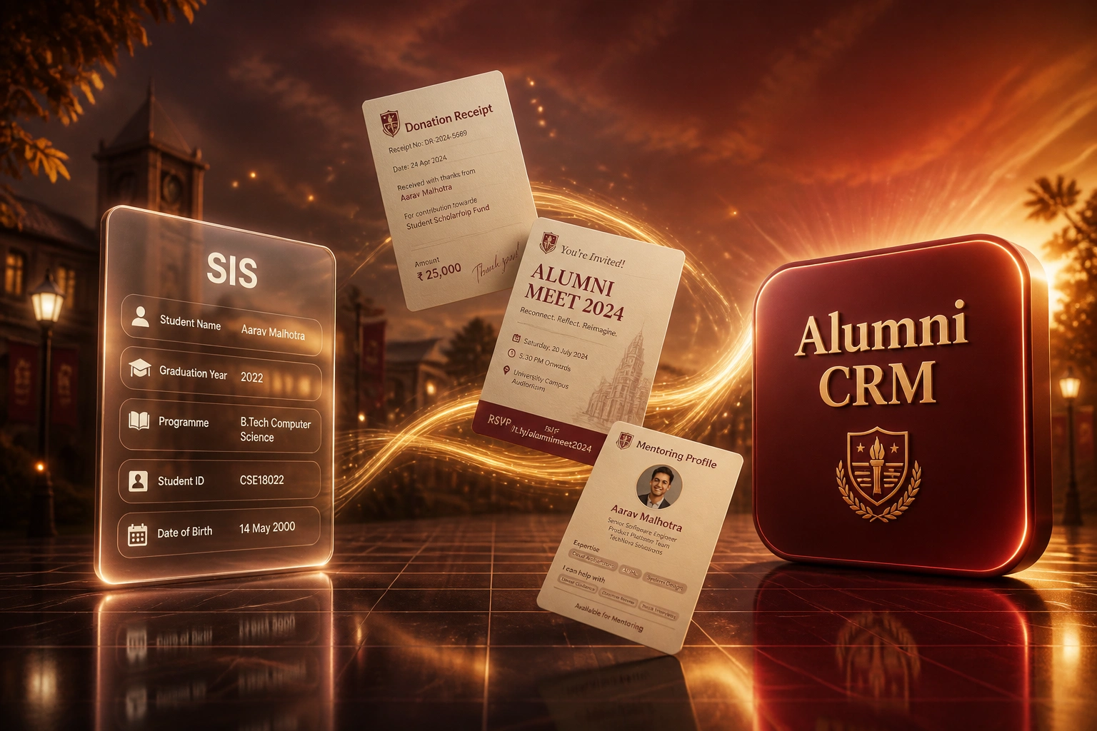 A glass SIS panel and burgundy Alumni CRM badge connected by a golden ribbon carrying donation, event, and mentoring documents across a dusk campus courtyard