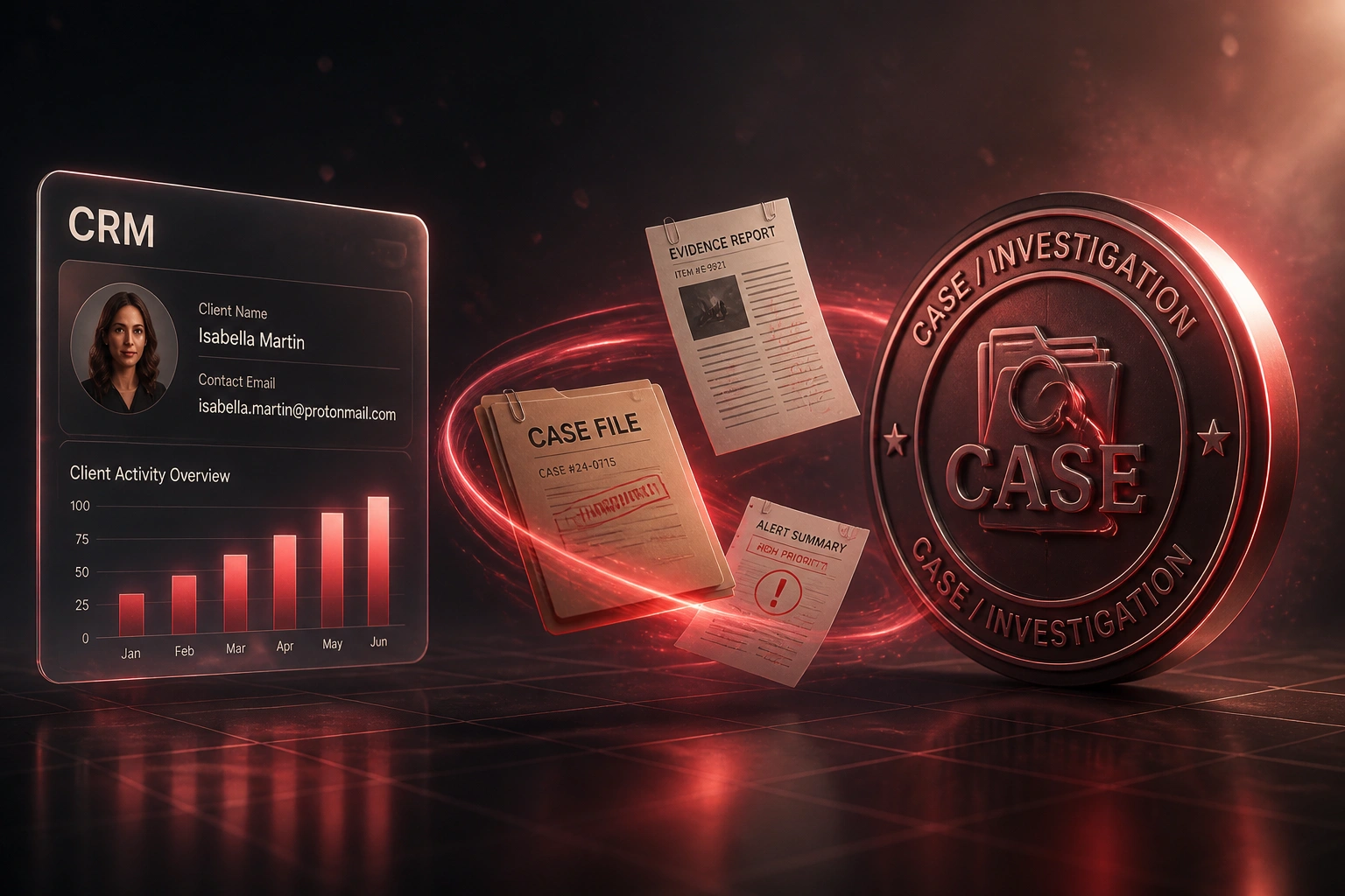 A glass CRM panel connected by a crimson ribbon of case and evidence documents to a glossy Case Investigation seal, illustrating structured AML alert investigation