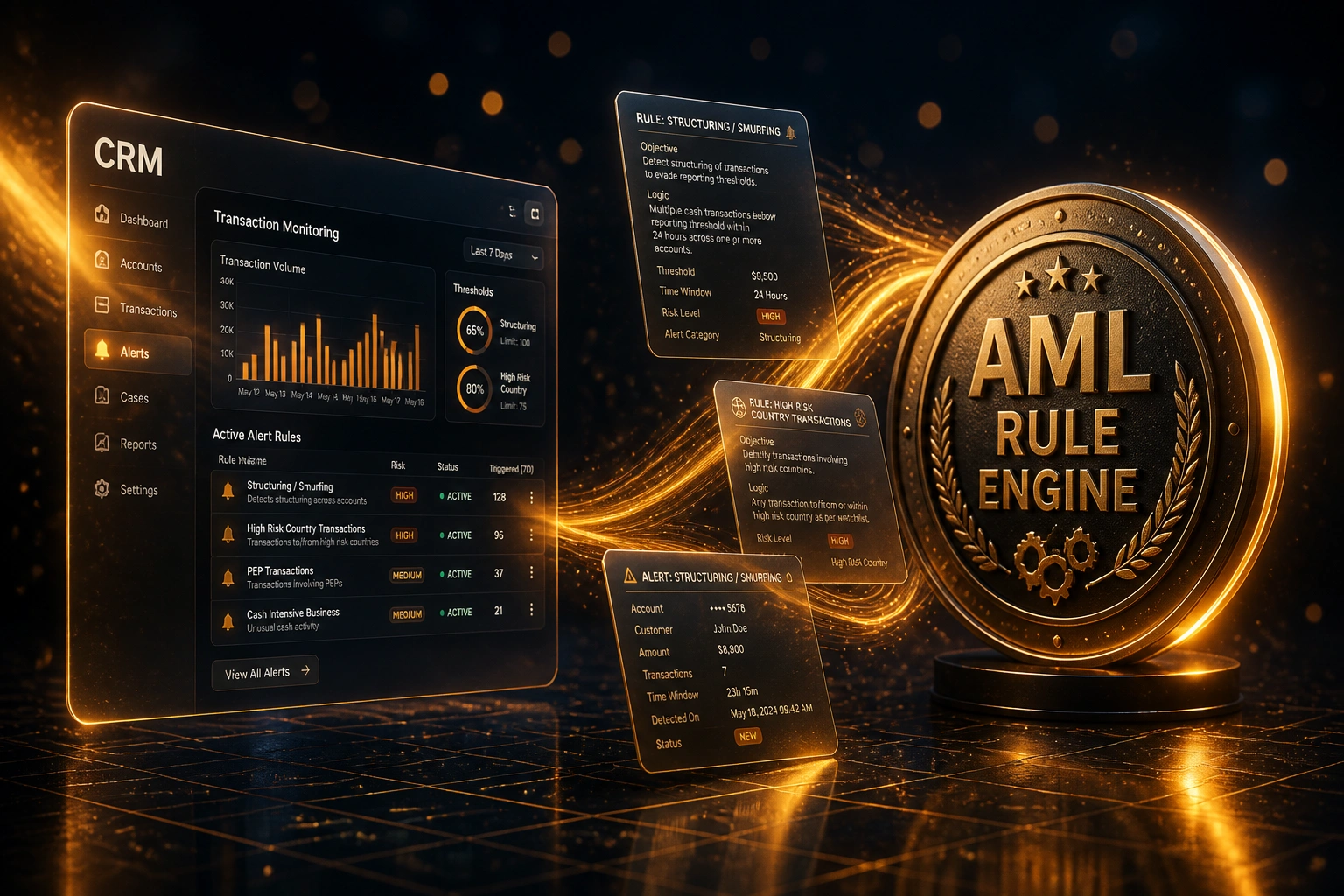 A glass CRM transaction-monitoring panel and a glossy AML Rule Engine seal linked by an amber ribbon of rule and alert documents