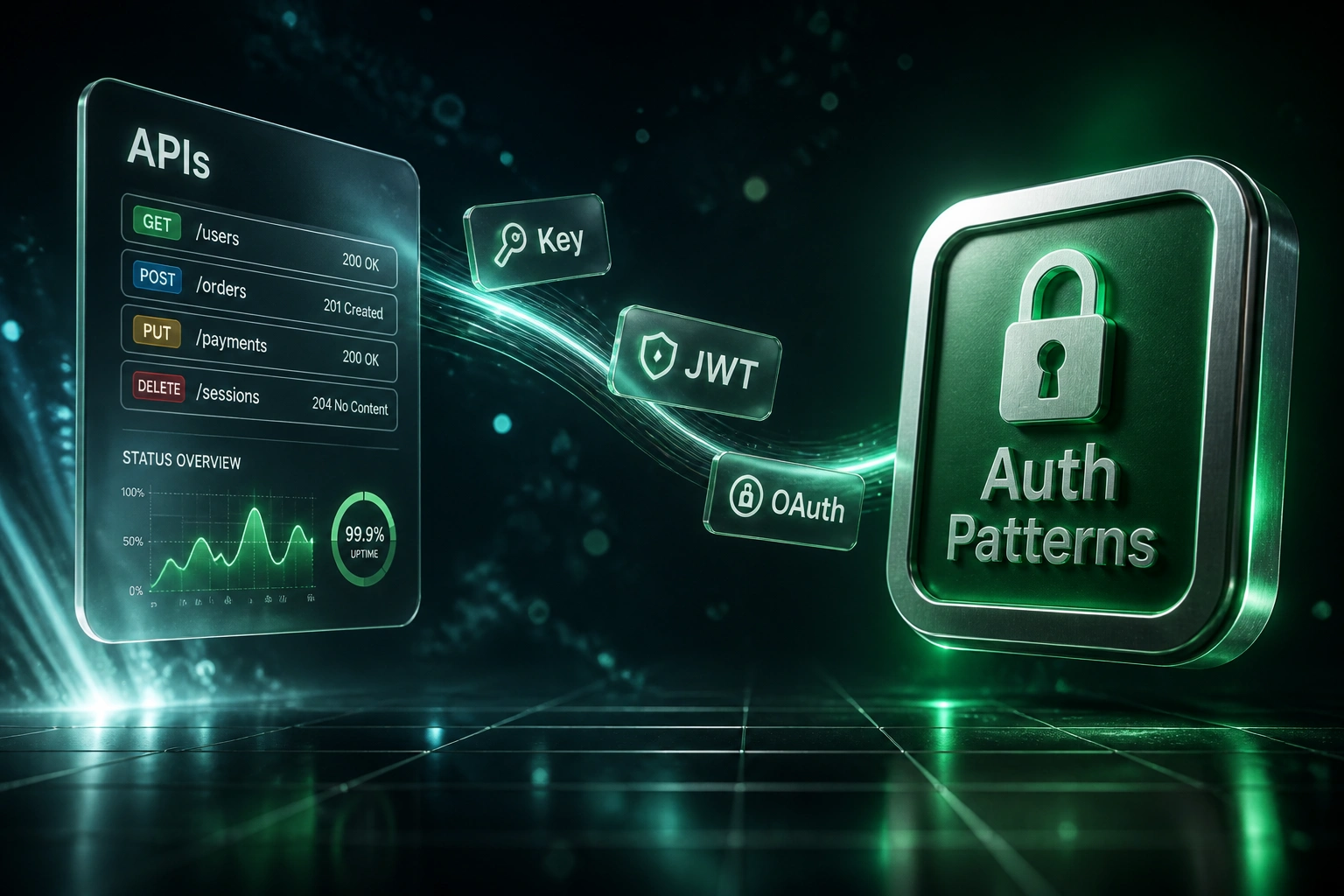 Glass APIs panel and emerald Auth Patterns badge linked by a ribbon carrying Key, JWT, and OAuth tokens over a cool slate charcoal grid