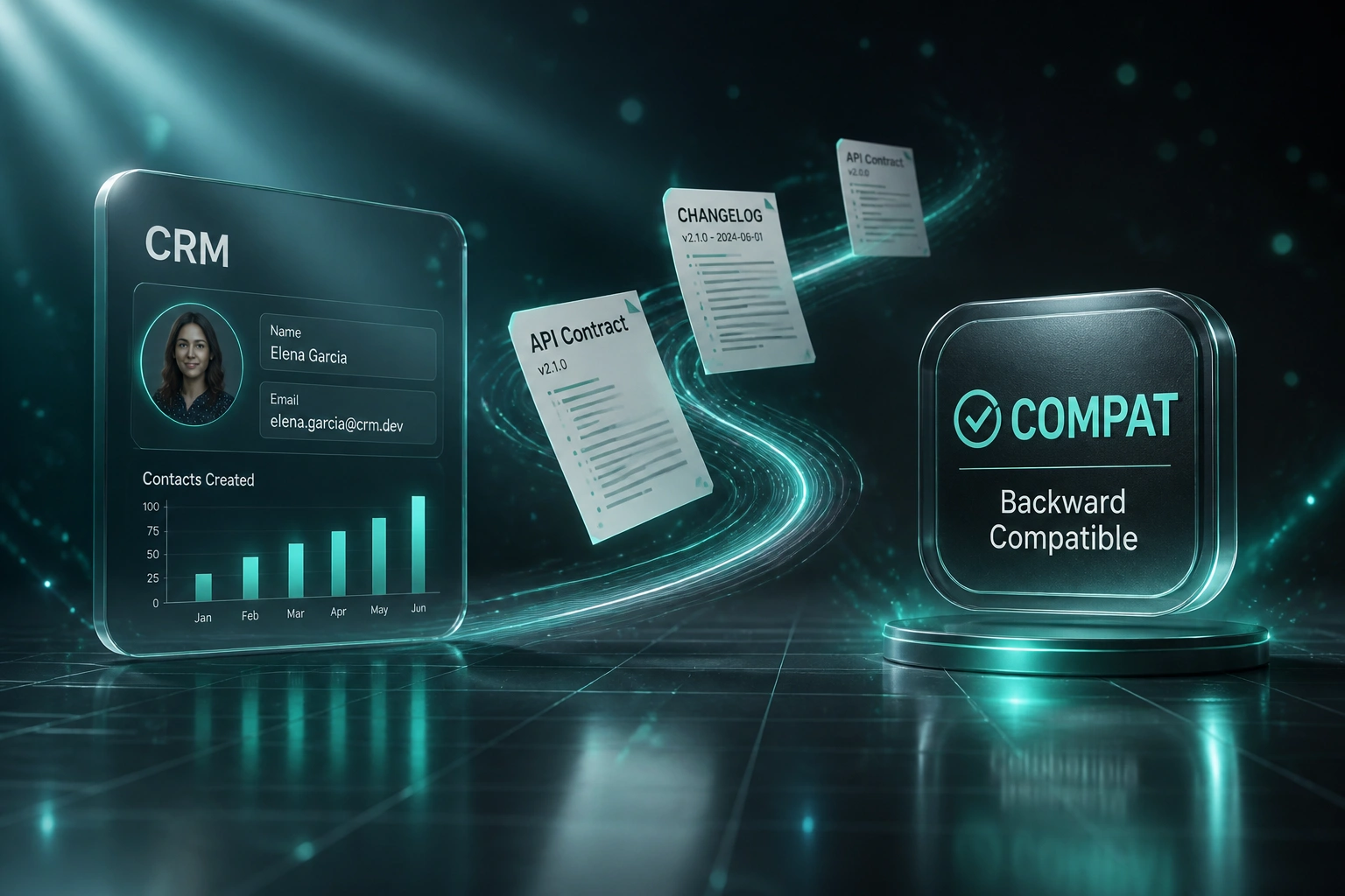 A glass CRM panel and a glossy COMPAT Backward Compatible badge linked by a teal ribbon of API contract and changelog documents, illustrating backward-compatible integration design