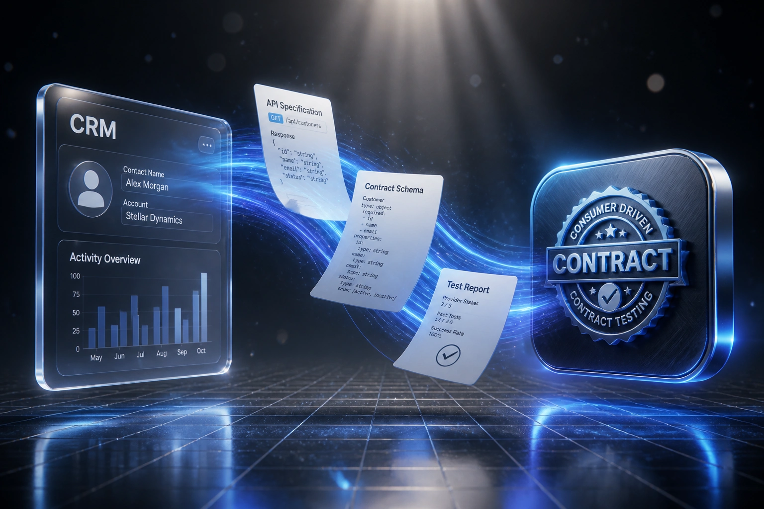 A glass CRM panel and a glossy CONTRACT badge linked by an electric-blue ribbon of API specs, contract schemas, and test reports, illustrating consumer-driven contract testing