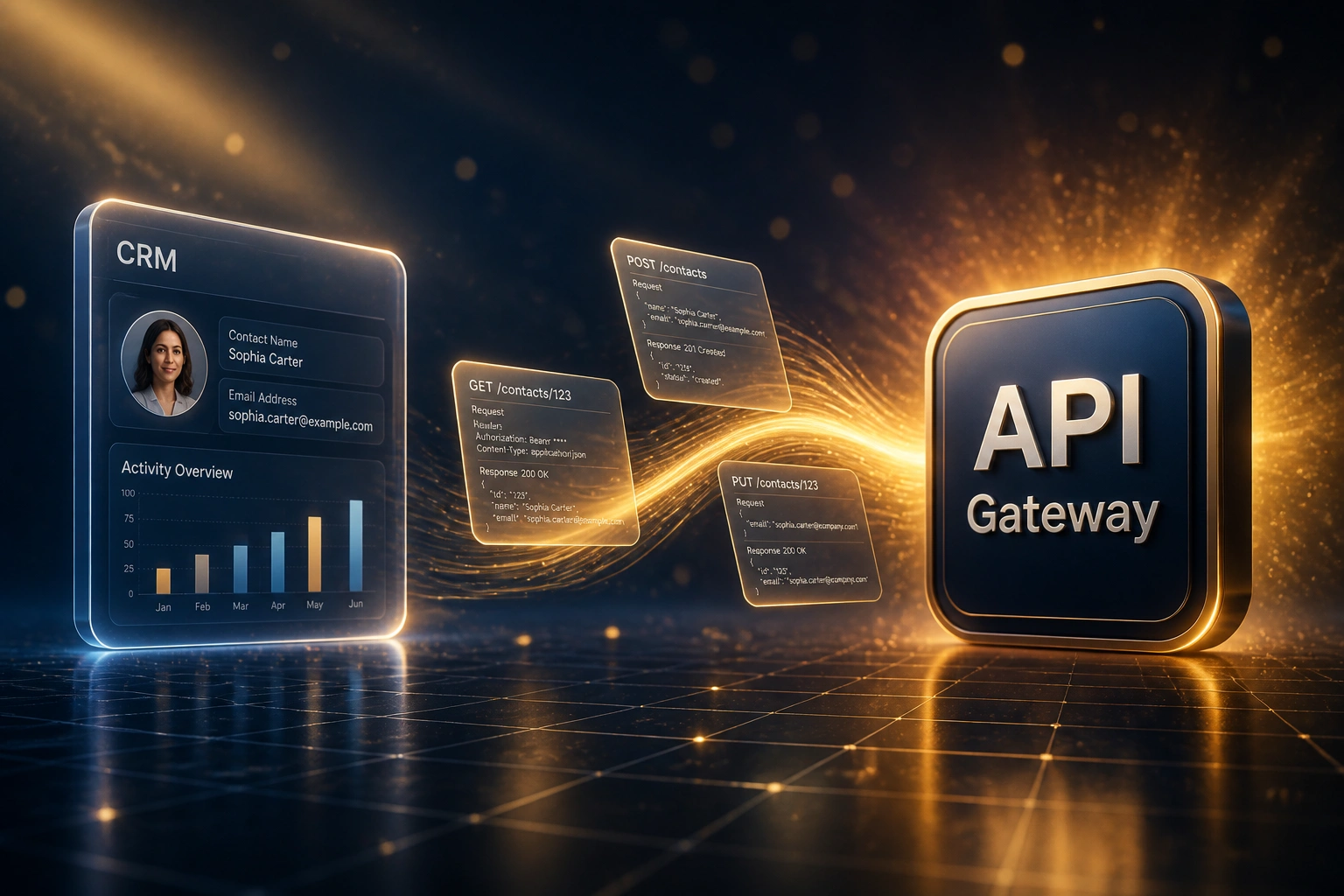 A glass CRM panel and a glossy gold-amber API Gateway badge linked by a ribbon of request documents over a deep indigo navy grid floor