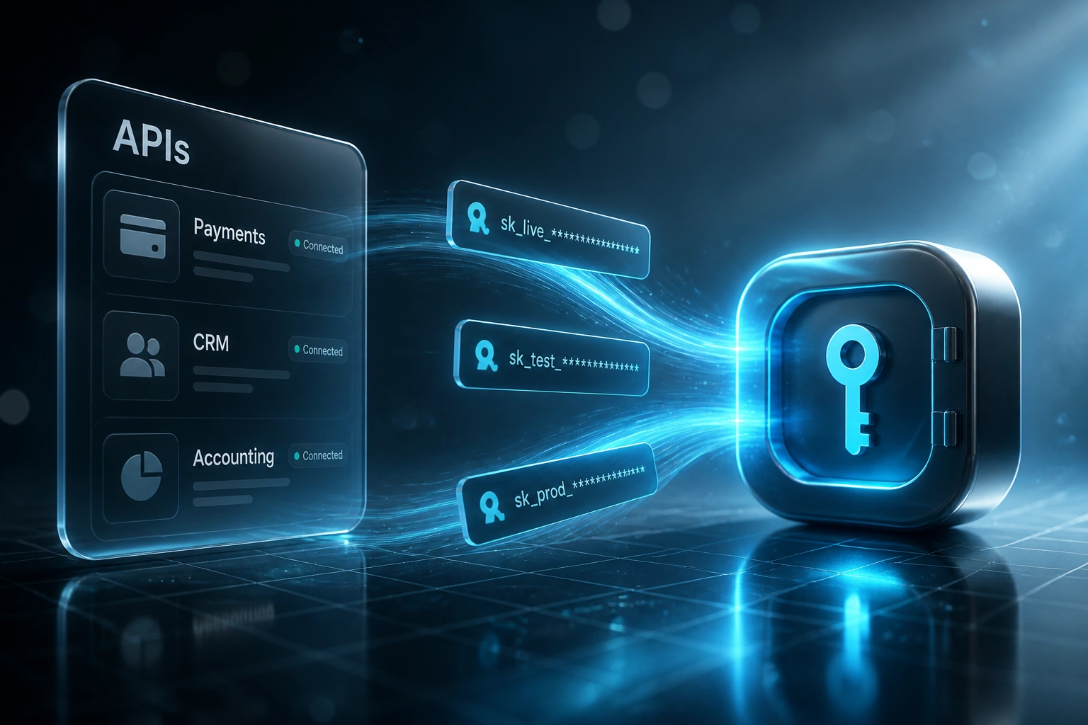 Glass APIs panel and cyan vault key badge linked by a ribbon of masked secret tokens, illustrating vault-backed API key management