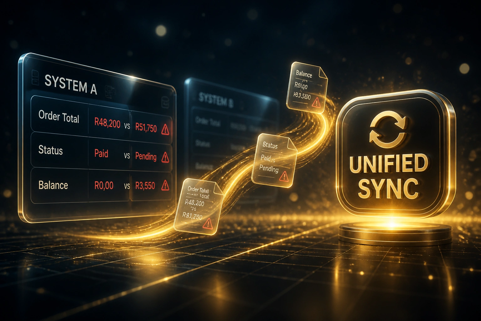 A glass SYSTEM A panel showing conflicting Rand order totals and statuses flowing along a gold S-curve into a UNIFIED SYNC badge on a midnight navy reflective floor