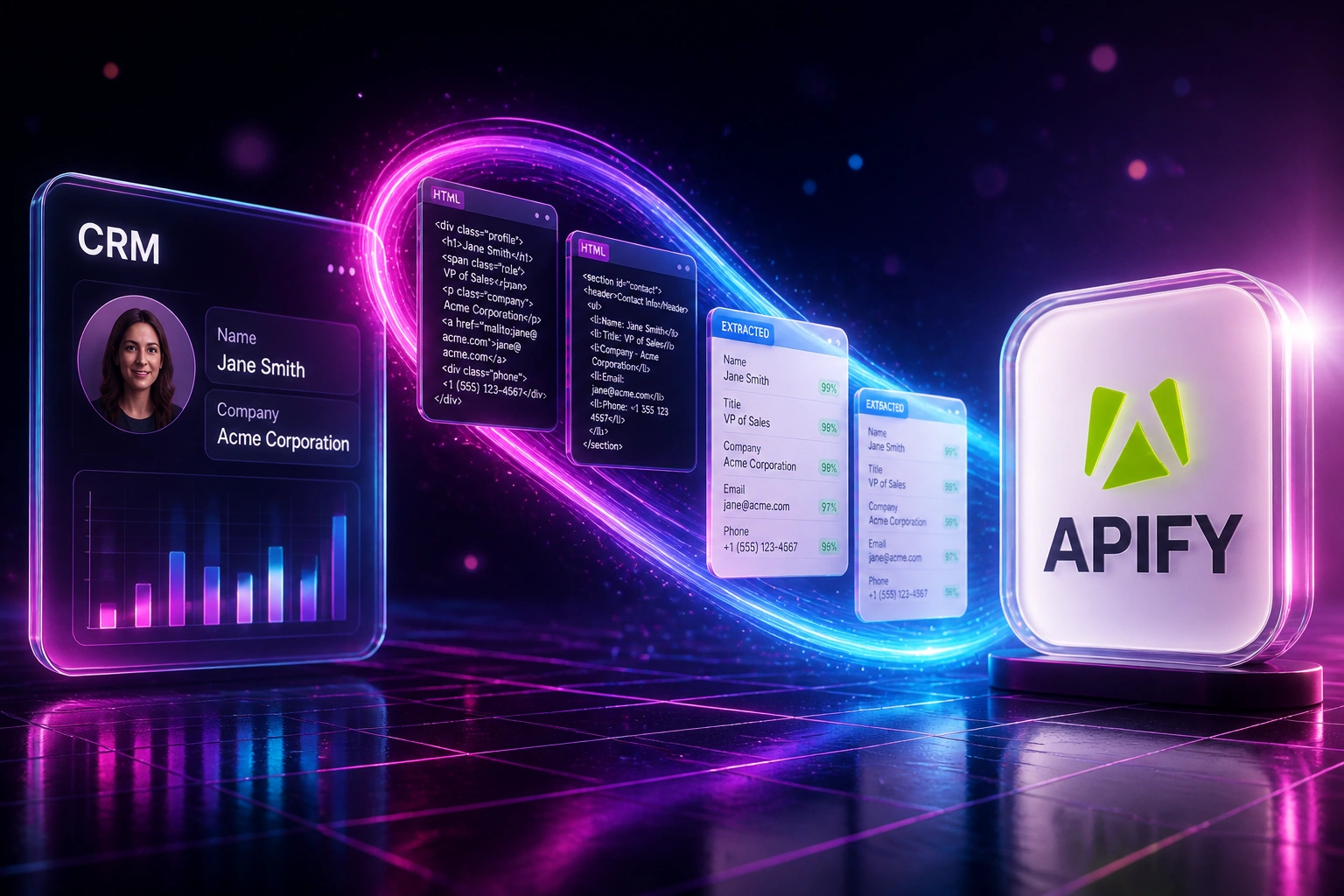 A glass CRM panel and the Apify logo connected by a magenta-cyan ribbon of HTML documents becoming extraction results with confidence scores, illustrating LLM-assisted data extraction