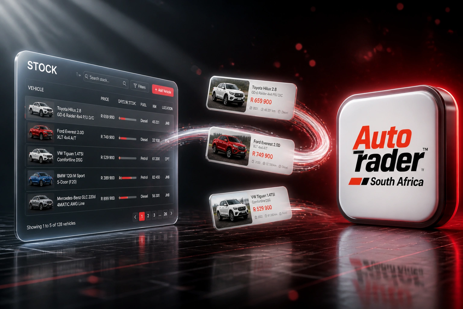 A glass stock desk panel and the AutoTrader logo connected by vehicle listing cards on a crimson ribbon, illustrating automated AutoTrader monitoring with Apify