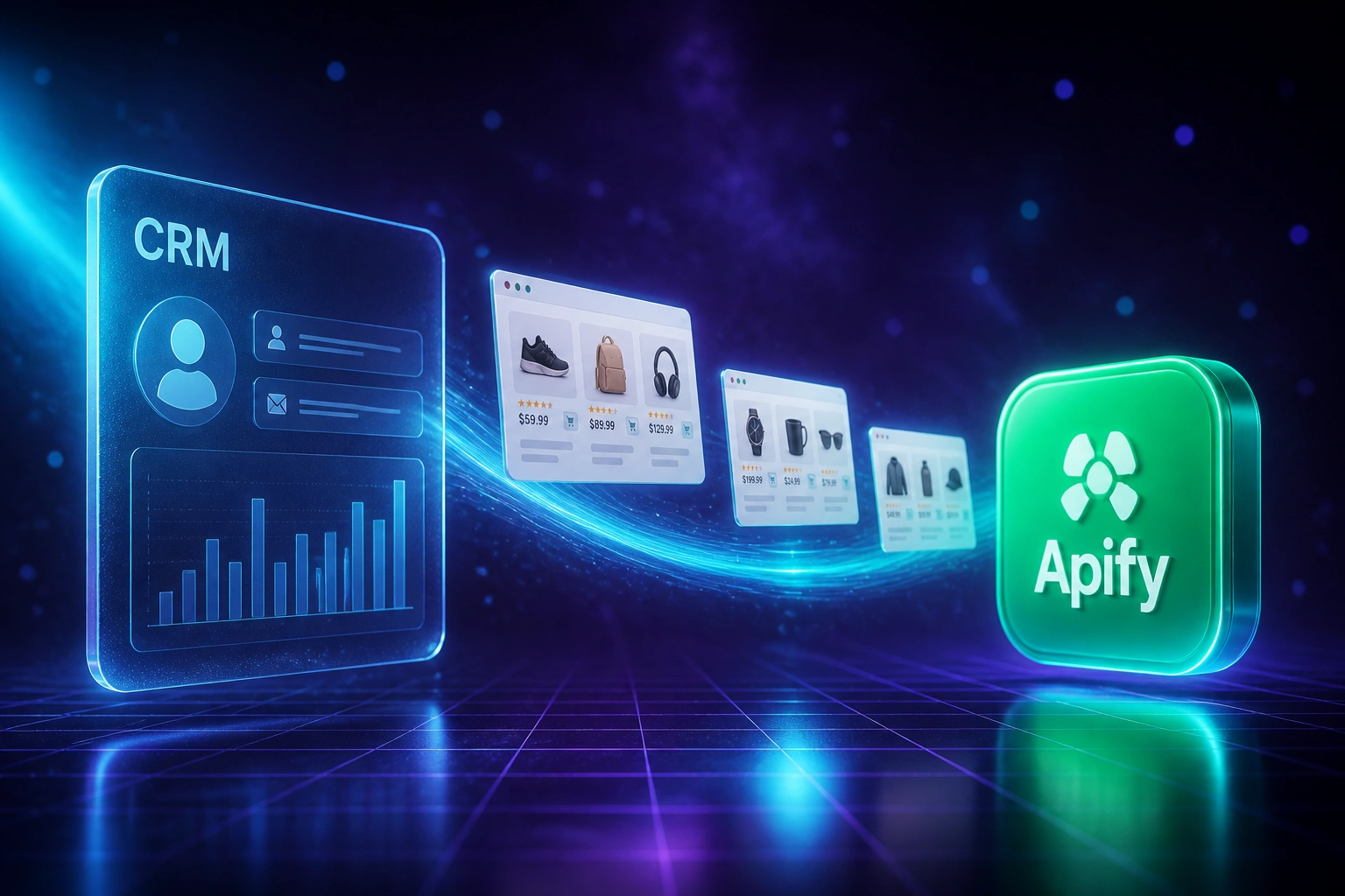 A glass CRM panel and the Apify logo linked by a cyan ribbon of SPA product cards, illustrating Crawlee Playwright scraping of JavaScript-heavy dynamic sites
