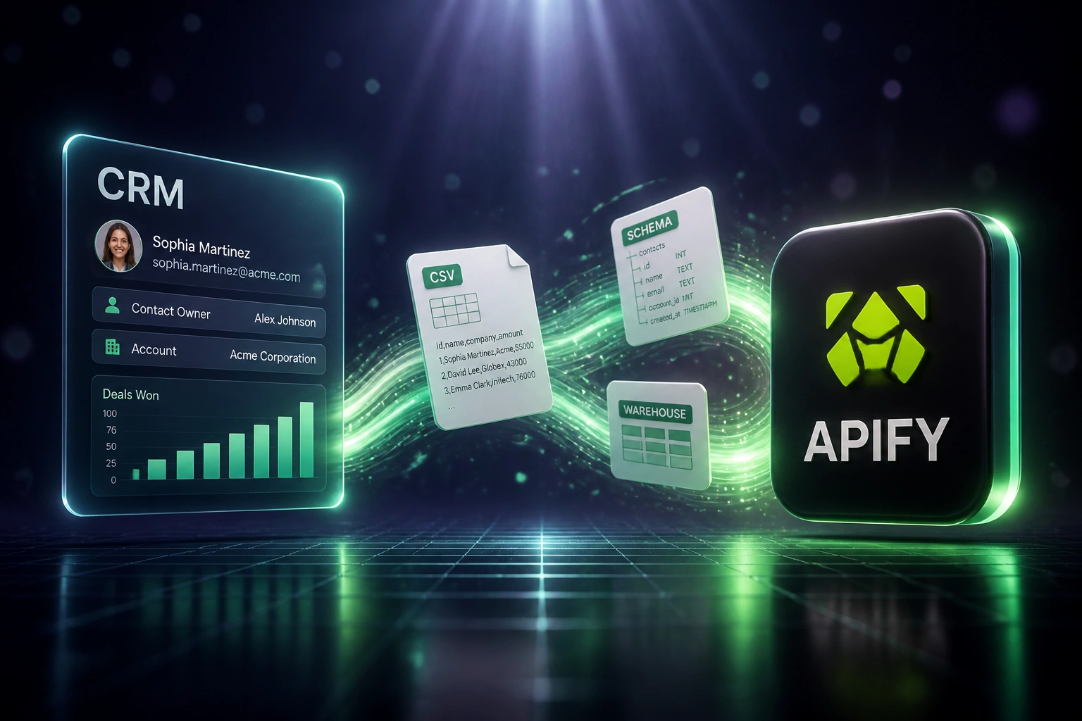 A glass CRM panel and the Apify logo linked by a mint-green ribbon carrying CSV, schema, and warehouse documents across a deep indigo floor grid