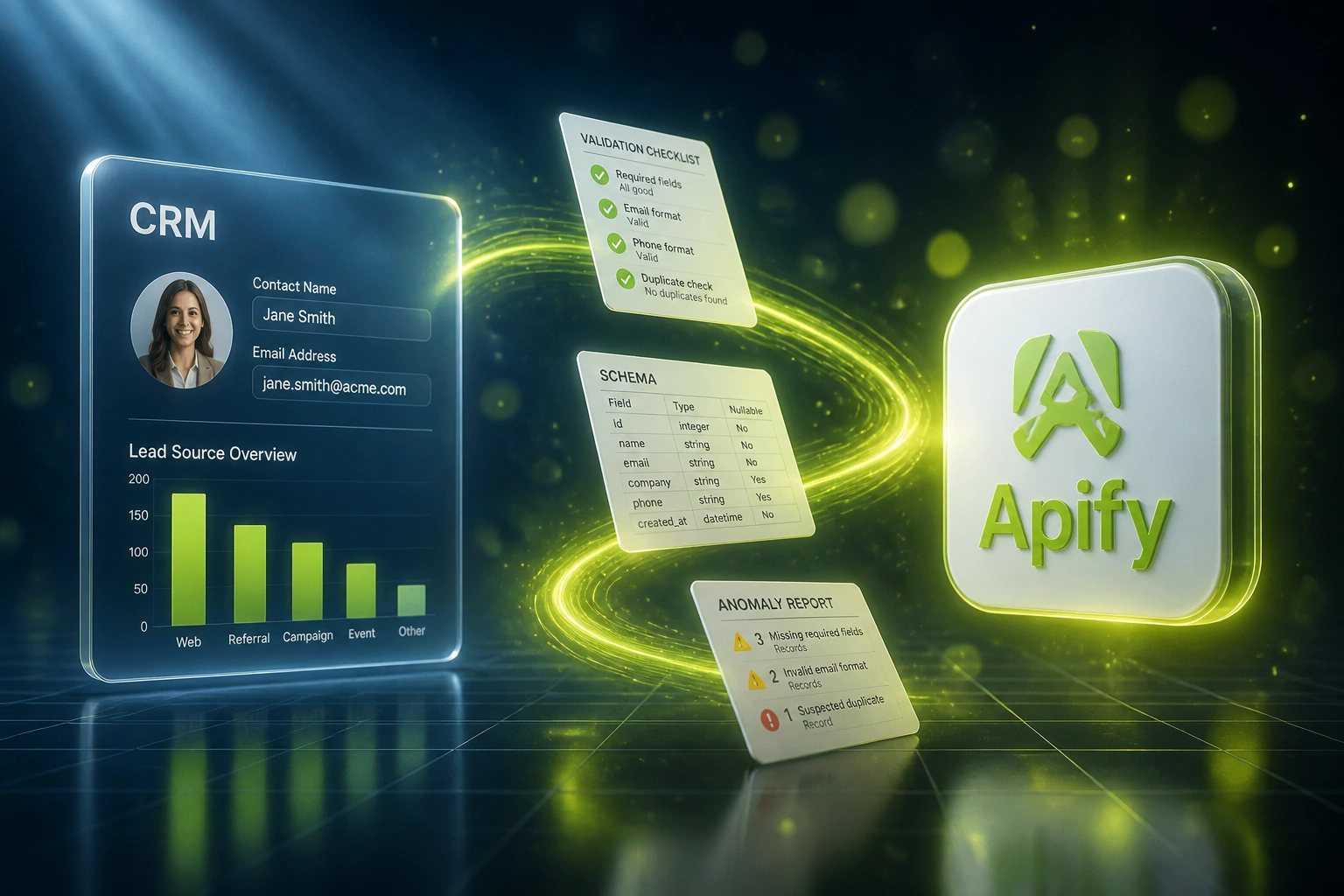 A glass CRM panel and the Apify logo linked by a lime ribbon carrying validation checklist, schema, and anomaly report documents across a cool slate-blue floor grid
