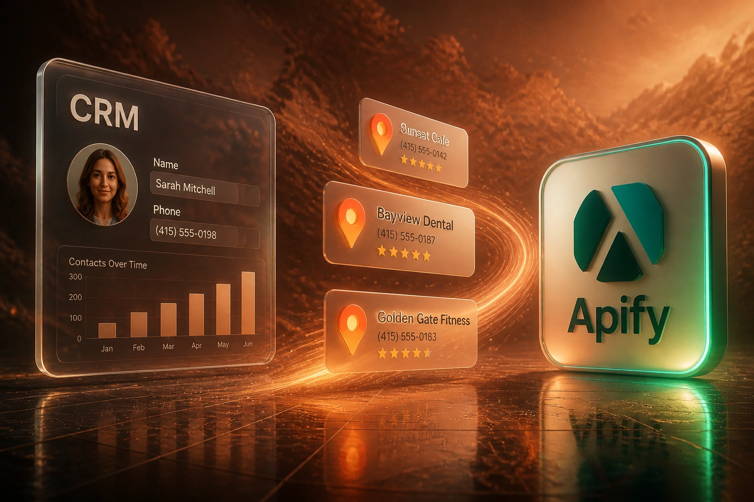A glass CRM panel and the Apify logo connected by Google Maps business listing cards on a warm amber ribbon, illustrating automated lead generation
