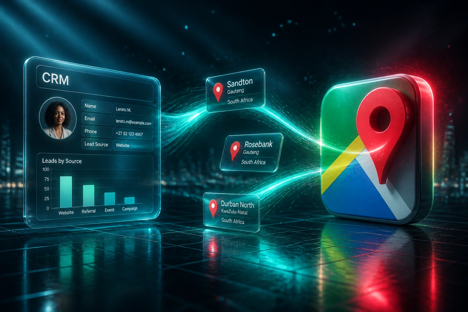 A glass CRM panel and the Google Maps logo connected by Sandton, Rosebank, and Durban North listing cards on a teal ribbon, illustrating suburb-level SA business data extraction