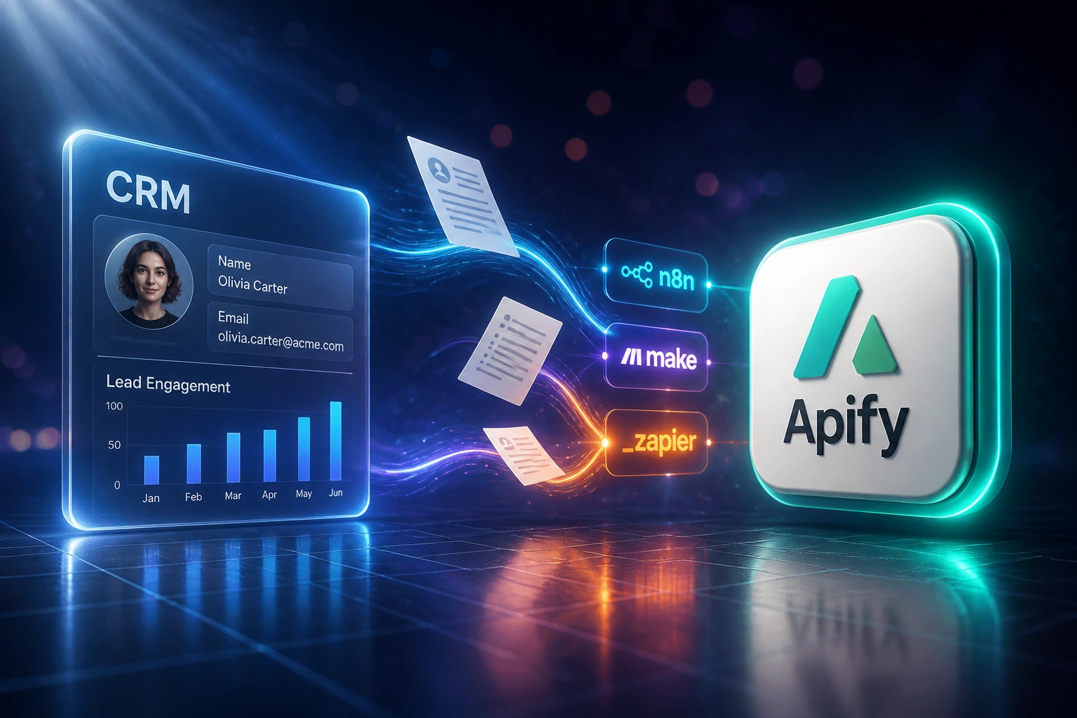 A glass CRM panel and the Apify logo linked by a cyan-orange ribbon of documents through n8n, Make, and Zapier workflow chips