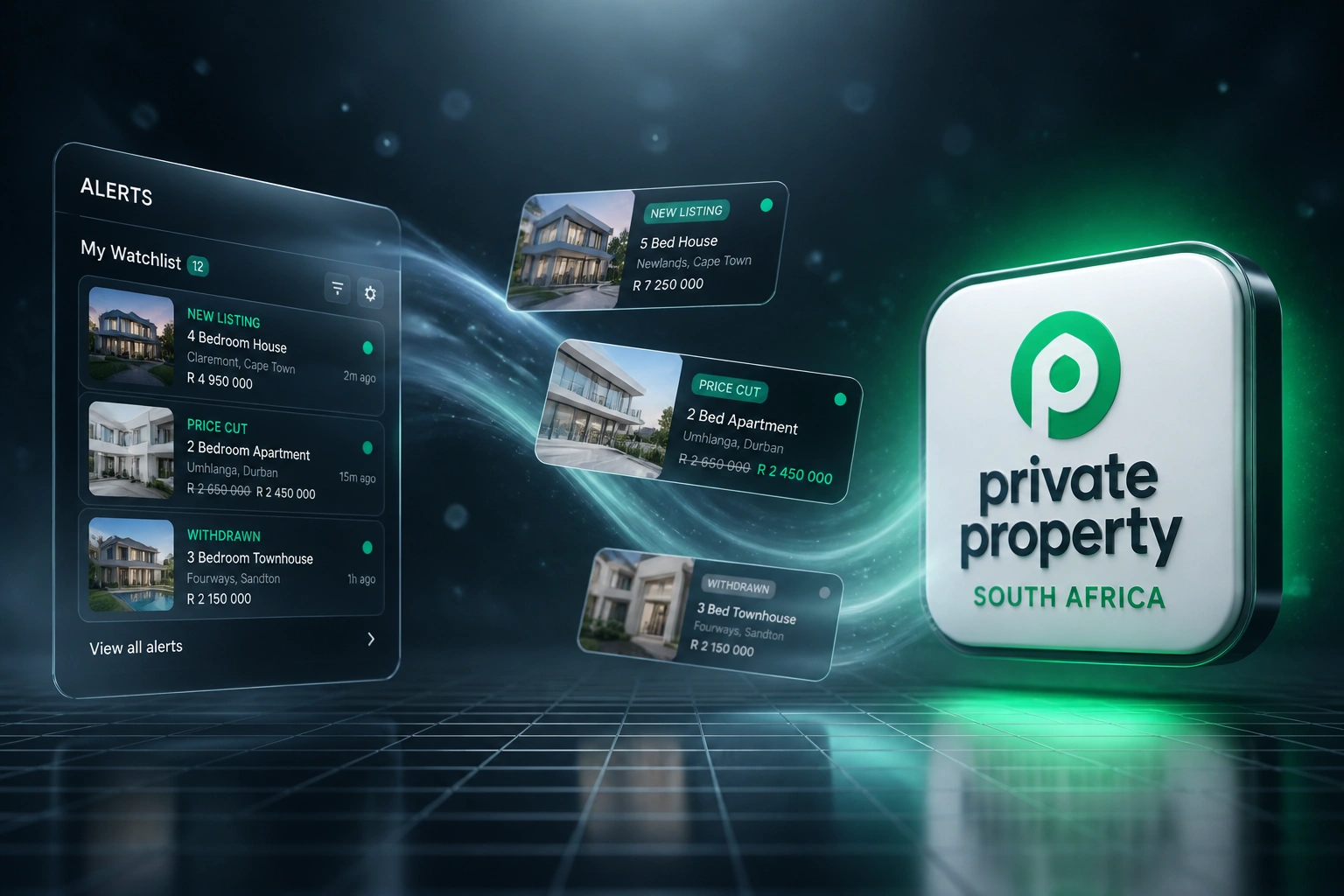 An ALERTS watchlist panel and the Private Property logo linked by listing cards on a teal ribbon, illustrating automated SA real estate monitoring