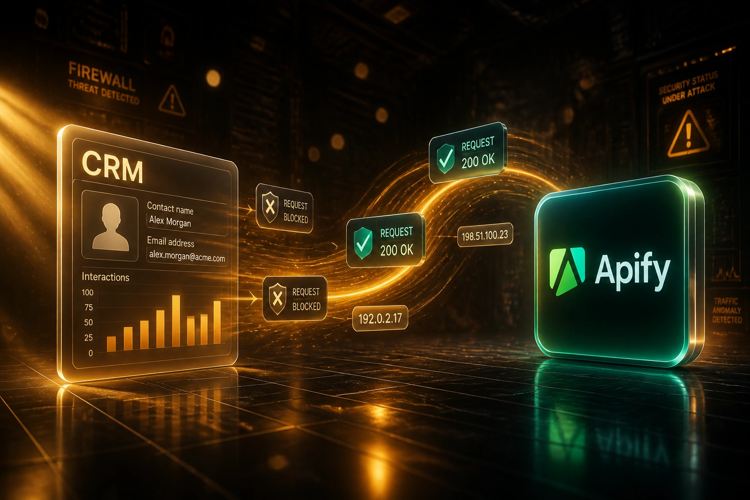 A glass CRM panel and the Apify logo linked by an amber ribbon of blocked and successful request tokens, illustrating Apify proxy rotation for anti-bot scraping