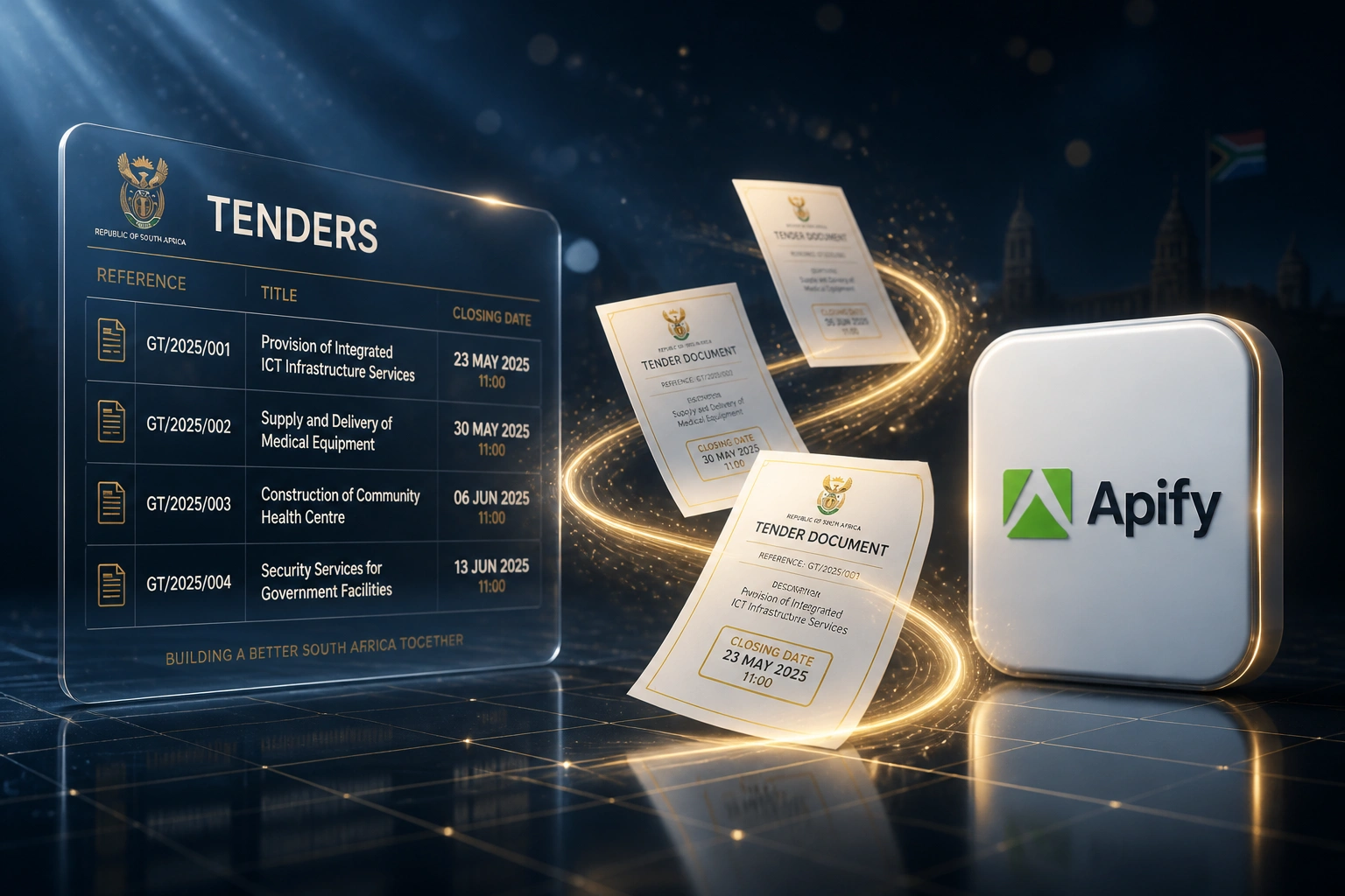 A glass TENDERS panel and the Apify logo connected by a ribbon of tender documents, illustrating automated SA government eTender portal monitoring