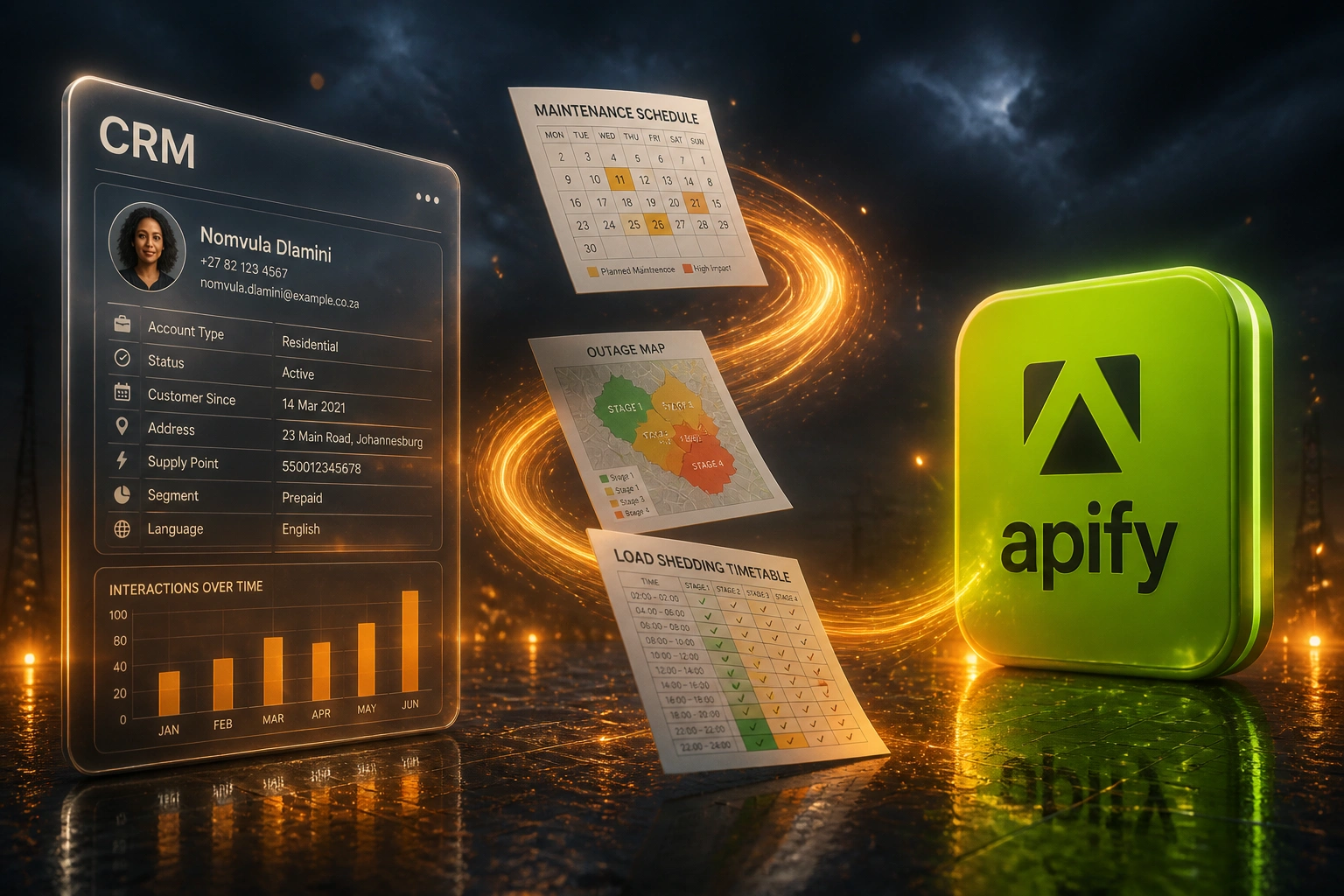 A glass CRM panel and the Apify logo linked by schedule and outage-map documents on an amber ribbon under stormy slate emergency lighting
