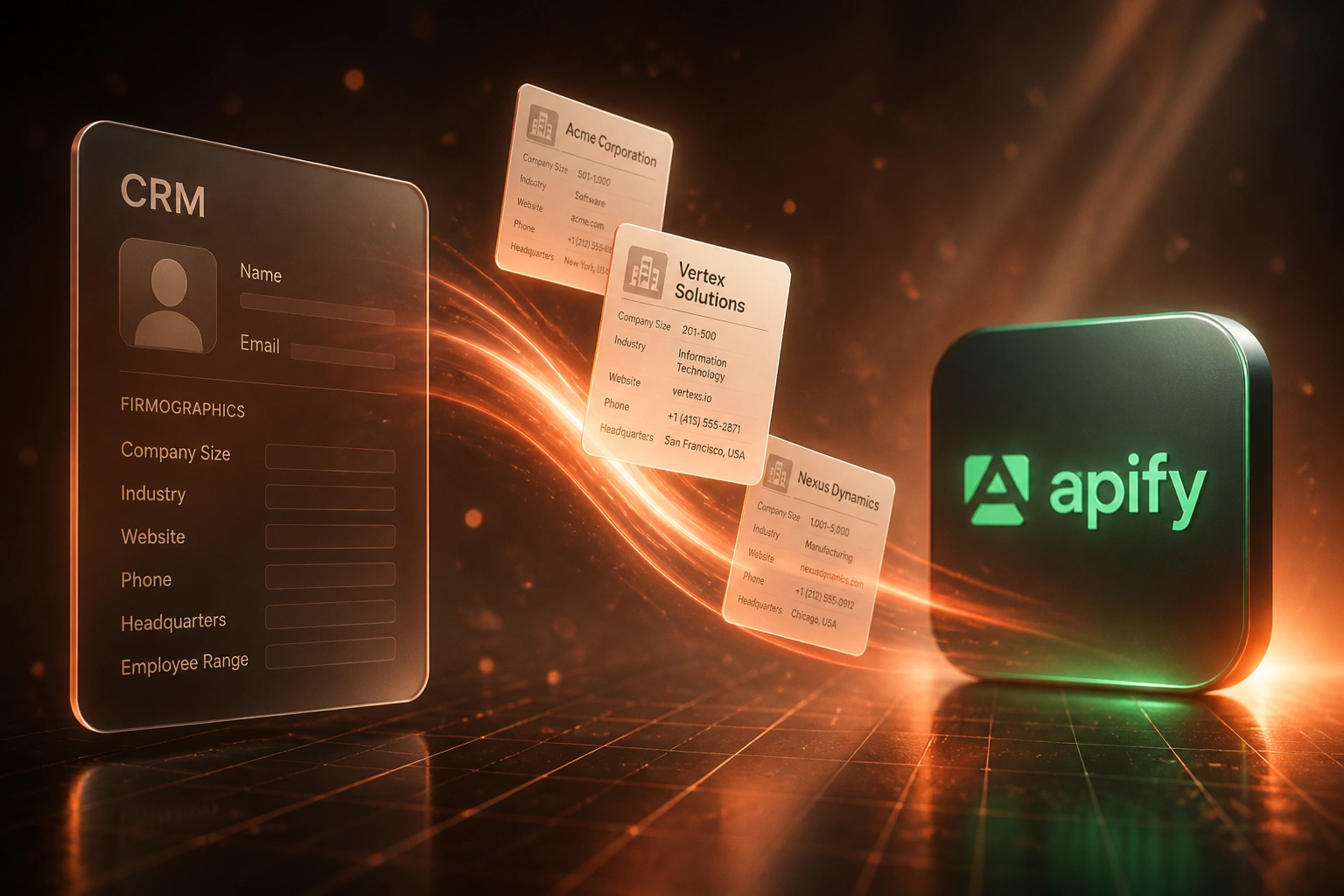 A sparse CRM glass panel receiving firmographic contact and company profile documents from an Apify logo badge along a coral-orange light ribbon