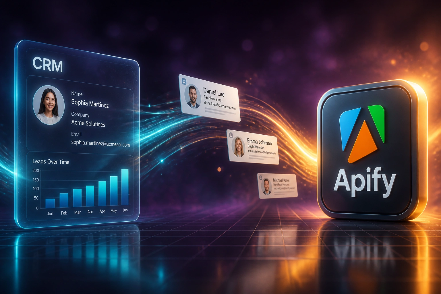 A glass CRM panel and the Apify logo connected by lead cards on a charcoal-violet ribbon, illustrating Apify webhook automatic CRM lead creation