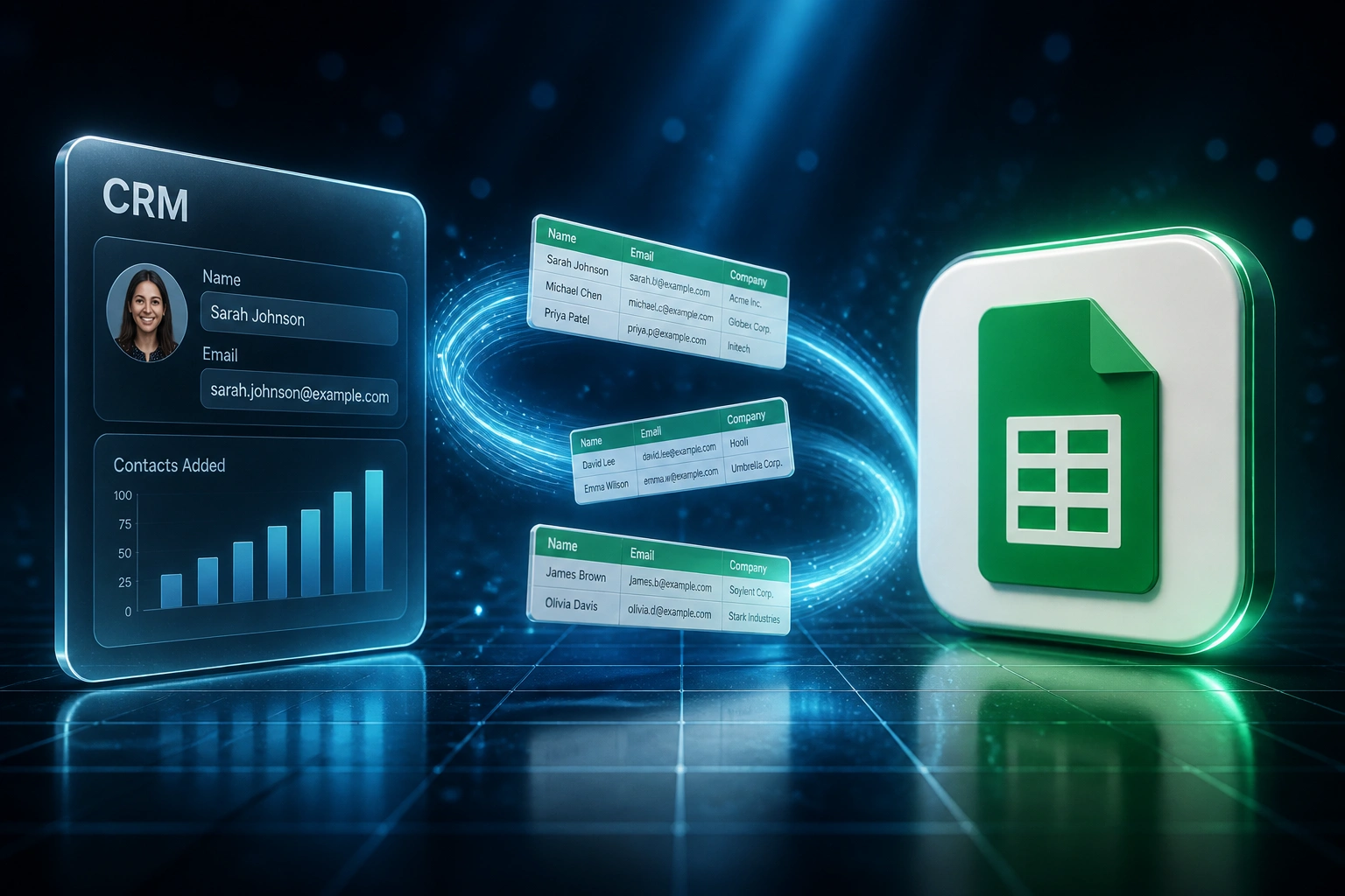 A glass CRM panel and the Google Sheets logo connected by spreadsheet row cards on a midnight-blue ribbon, illustrating Apify webhook automated data delivery to Sheets