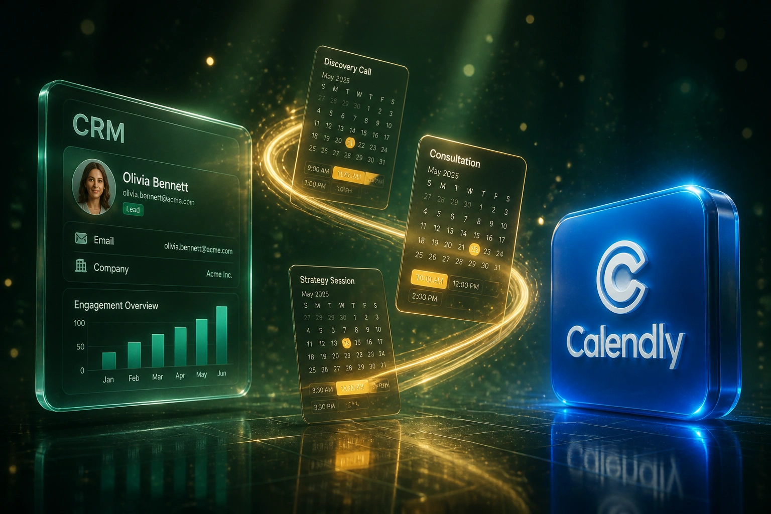A glass CRM panel and a glossy Calendly badge linked by a warm gold ribbon of calendar booking cards, illustrating appointment scheduling automation