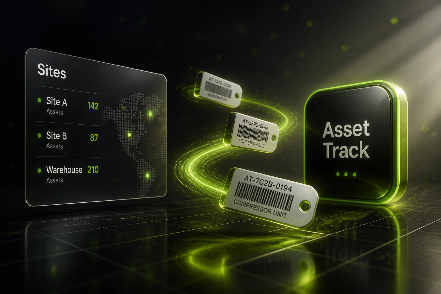 A Sites glass panel and an Asset Track badge linked by a lime ribbon of barcode equipment tags, illustrating multi-site asset tracking