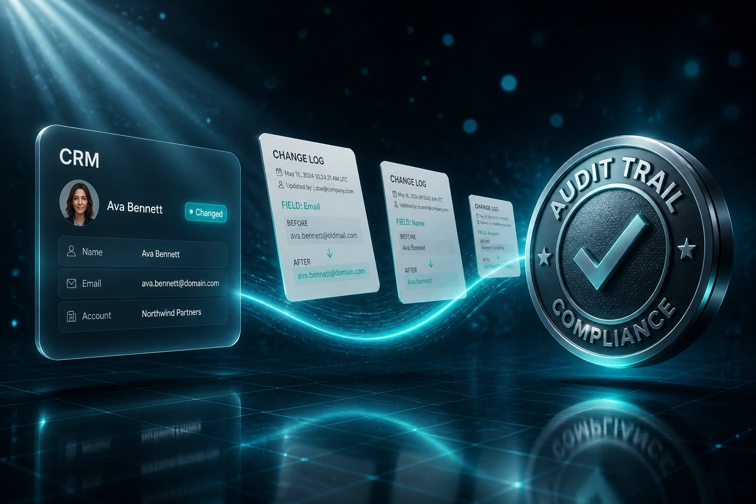 Glass CRM panel with a Changed flag linked by a cyan ribbon of change-log documents to a glossy Audit Trail compliance seal