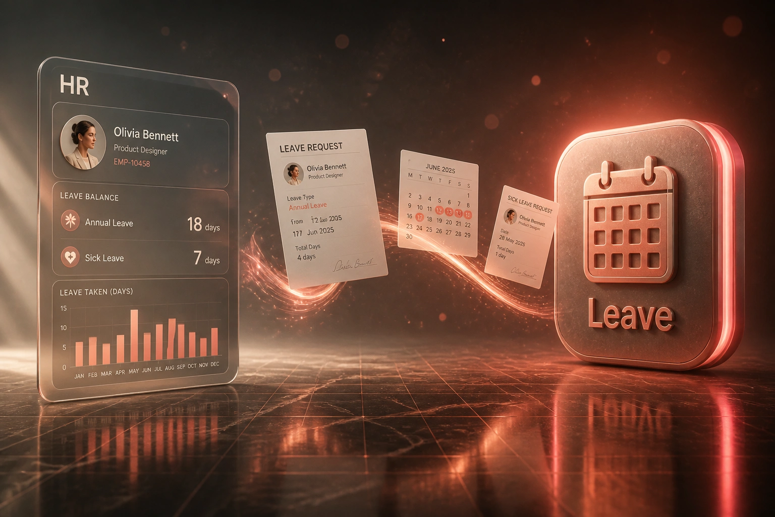 An HR leave panel and a Leave calendar badge connected by a flowing stream of leave request documents, illustrating automated annual leave tracking