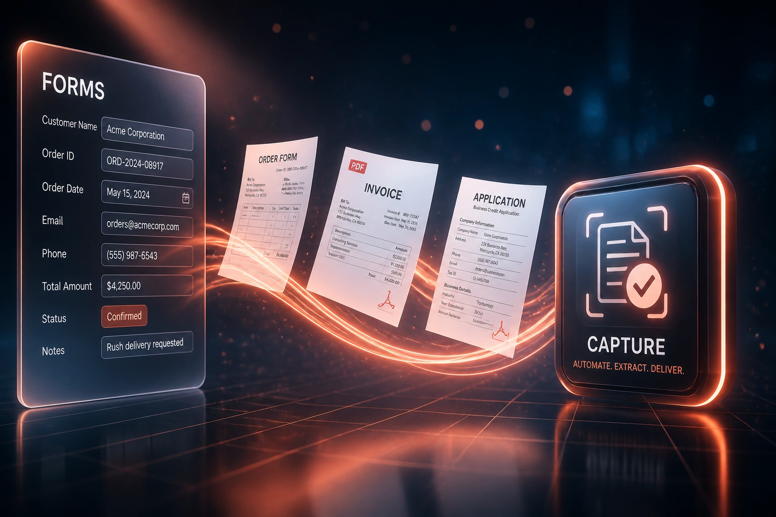 Glass FORMS panel and a coral capture badge linked by floating invoices and application PDFs on a midnight-blue grid, illustrating automated data entry