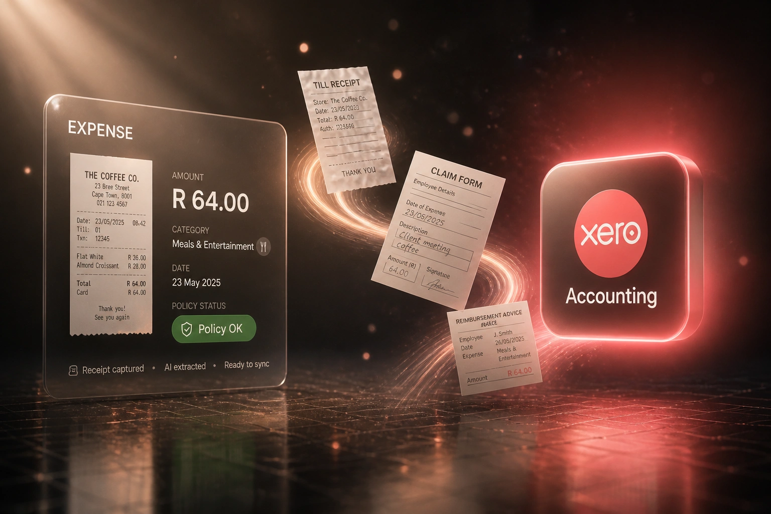 An EXPENSE glass panel with a receipt and Policy OK status connected by a coral light ribbon of claim documents to a Xero Accounting badge, illustrating automated reimbursement