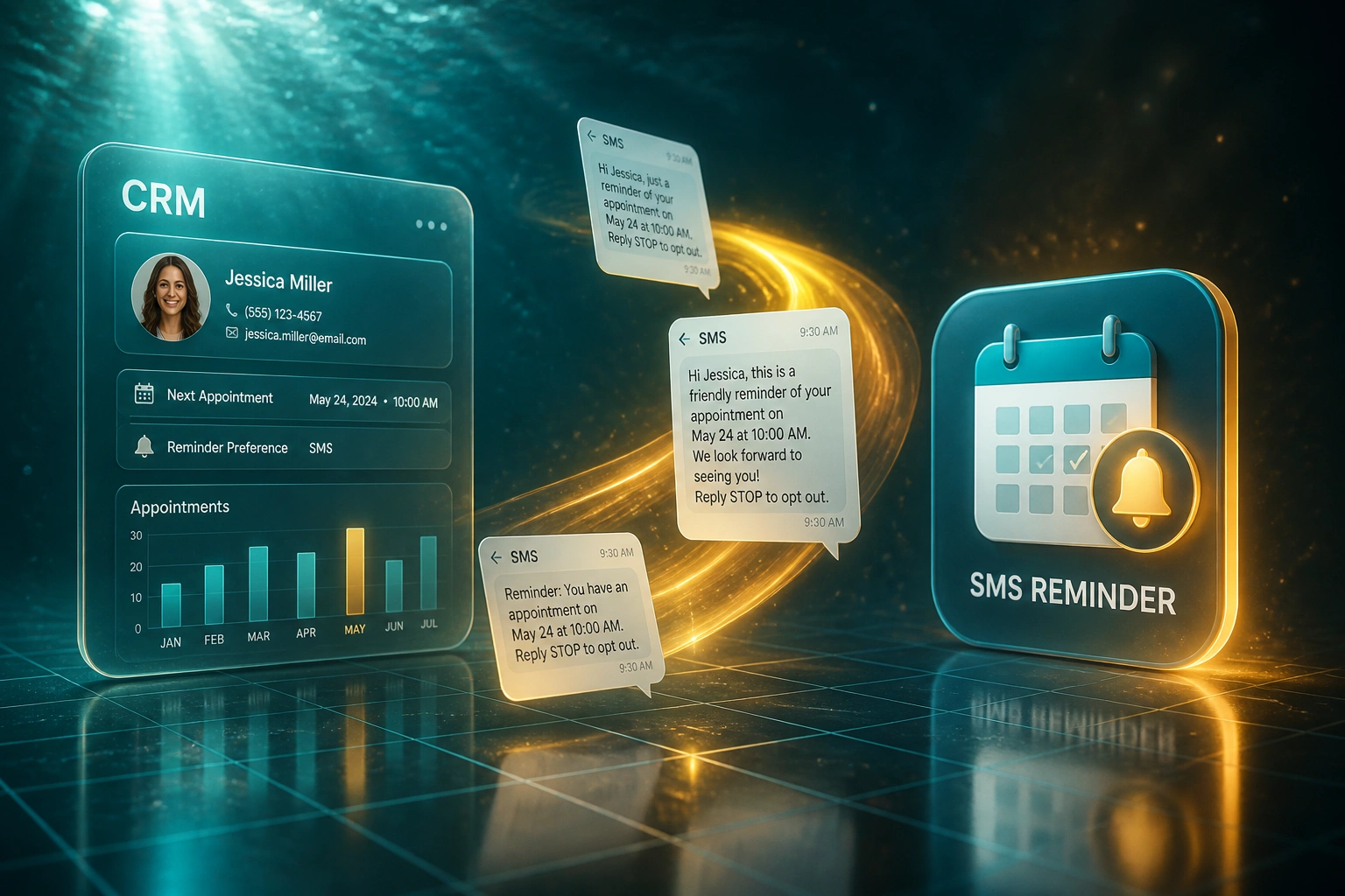 A glass CRM panel and a glossy SMS calendar-reminder badge linked by an amber ribbon of appointment reminder messages, illustrating automated no-show reduction