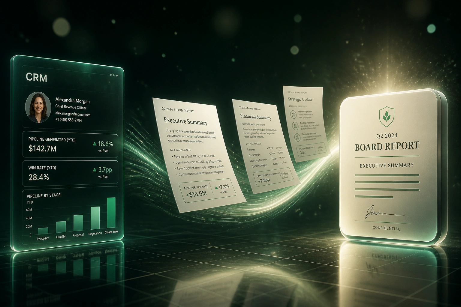 A glass CRM panel connected by an ivory-emerald ribbon of mid-flight board report pages to a glossy executive summary badge, illustrating automated board report generation