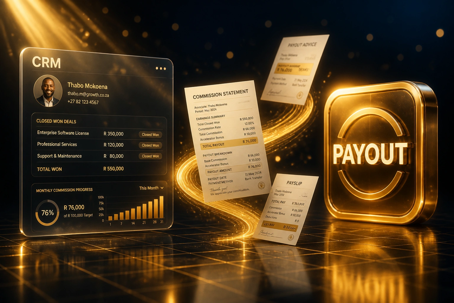 A CRM closed-won panel and a gold PAYOUT badge linked by commission statements on an amber ribbon, illustrating automated commission tracking to payroll