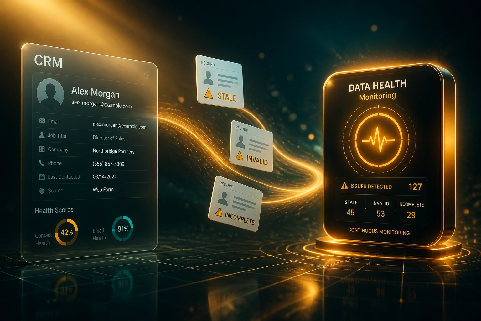 A glass CRM panel with health-score rings and an amber Data Health monitoring badge connected by record cards flagged stale, invalid, and incomplete, illustrating continuous data quality monitoring