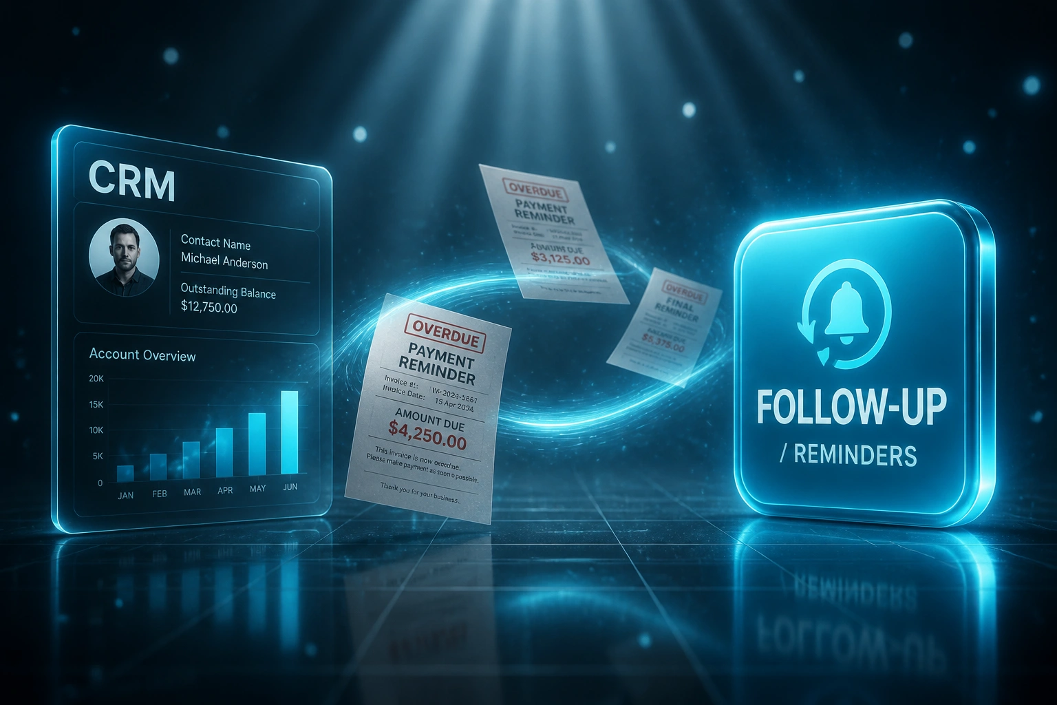 A glass CRM panel and a Follow-Up Reminders badge linked by a cyan ribbon of overdue payment reminder notices, illustrating automated debtor follow-up sequences