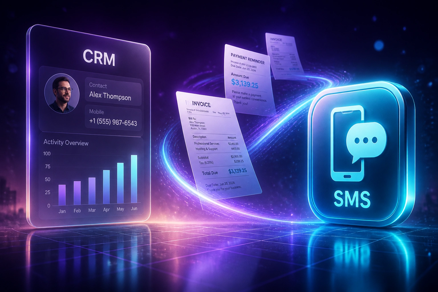 A glass CRM panel connected by a cyan ribbon of invoice documents to a glossy SMS badge, illustrating automated SMS invoice reminders