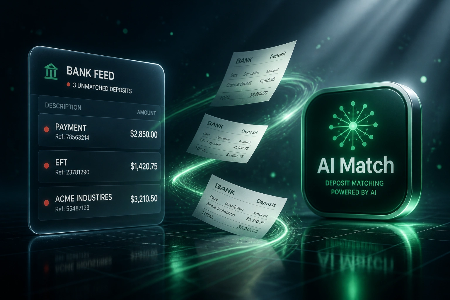 A Bank Feed panel of unmatched deposits connected by a ribbon of light to a glossy AI Match badge, illustrating automated deposit matching