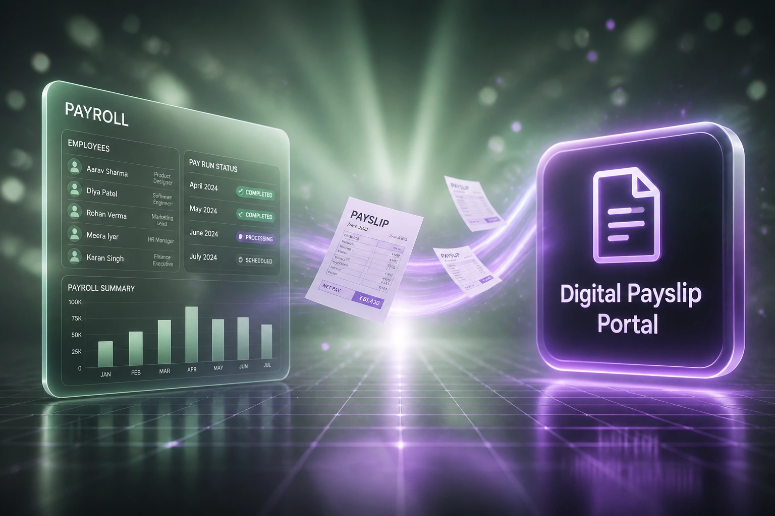 A glass Payroll panel and a glossy Digital Payslip Portal badge connected by a violet ribbon of mid-flight payslip documents, illustrating automated payslip generation and distribution