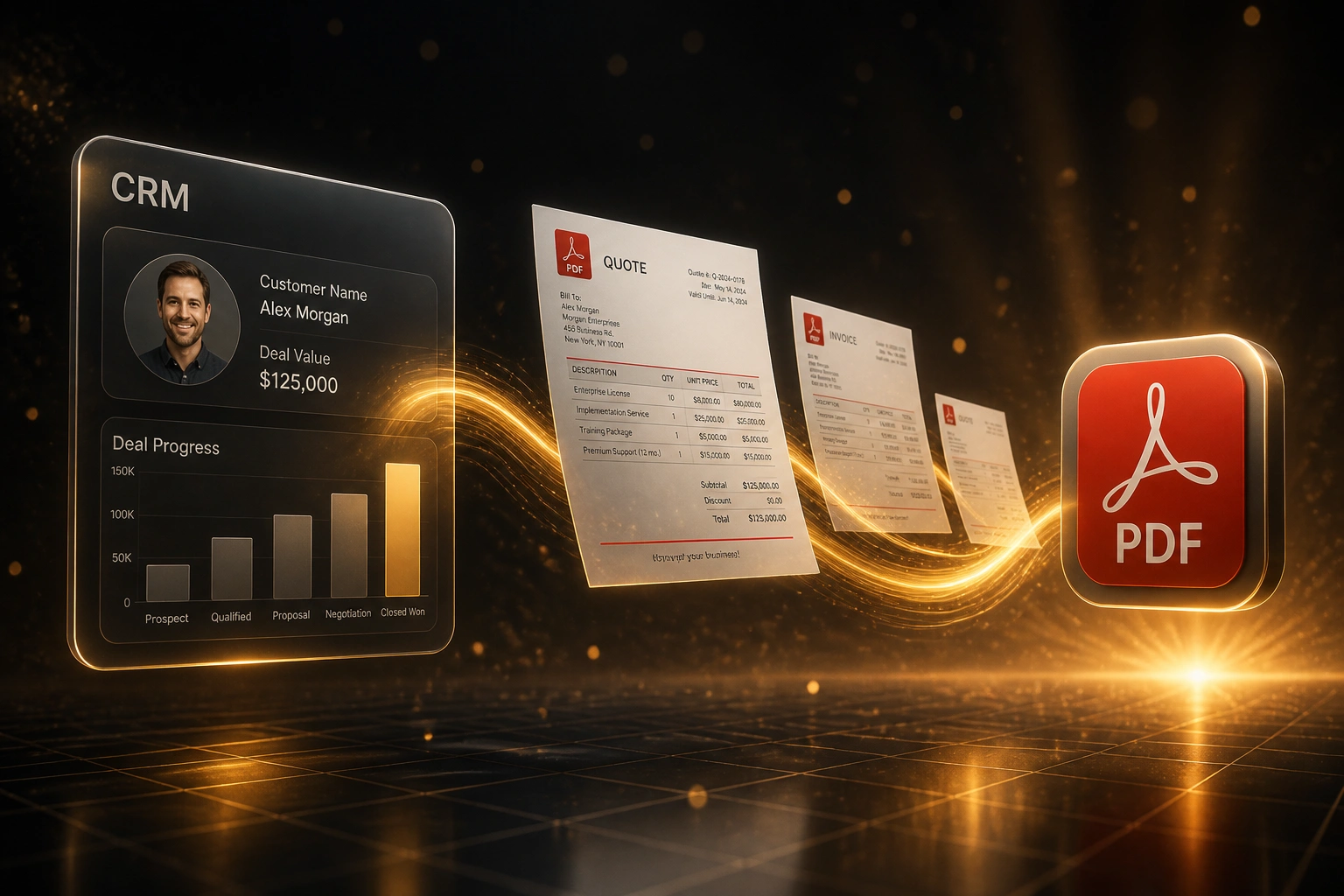 A glass CRM panel connected by a warm amber ribbon of quote and invoice PDFs to a glossy red PDF badge, illustrating automated PDF generation from CRM data