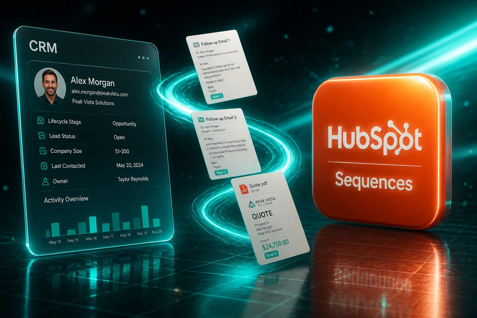 A CRM panel and HubSpot Sequences badge linked by a teal ribbon of follow-up emails and quote documents, illustrating automated quote nurture